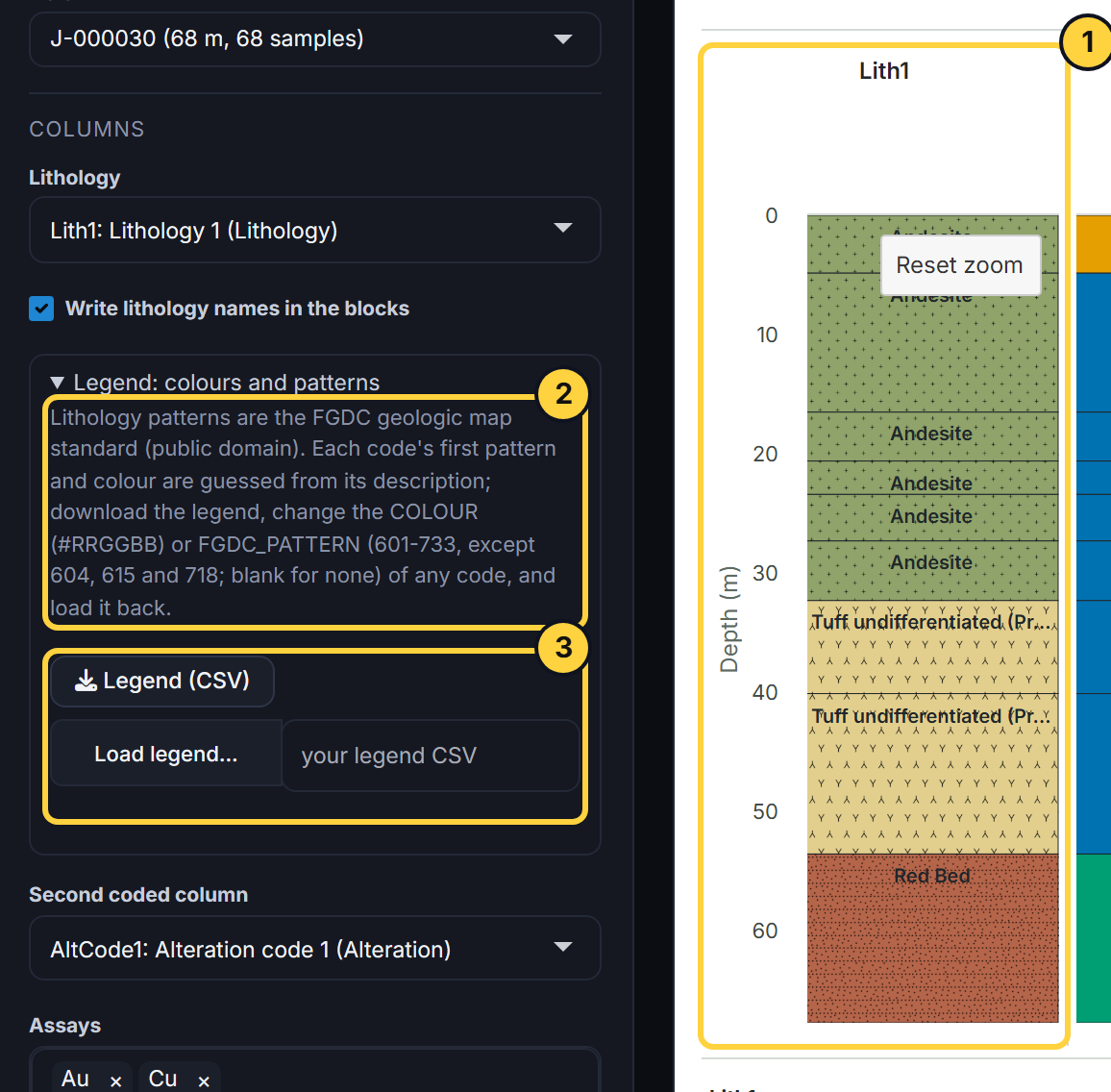 The Legend fold open beside the lithology column, with the patterns note and the legend download and load outlined