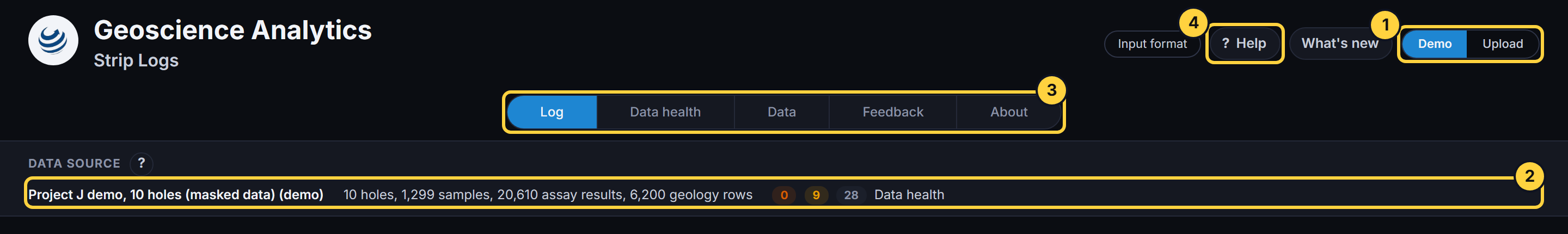 The top of the page with Demo / Upload, the load line, the tabs and Help outlined