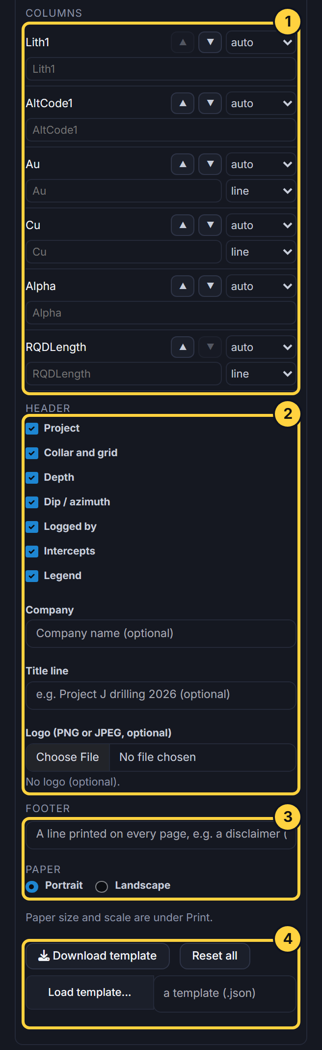 The Template fold open: columns, header, footer and paper, and save and share outlined